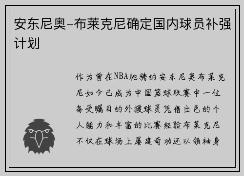 安东尼奥-布莱克尼确定国内球员补强计划