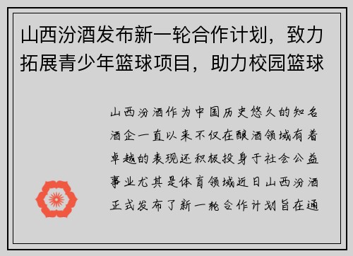 山西汾酒发布新一轮合作计划，致力拓展青少年篮球项目，助力校园篮球发展