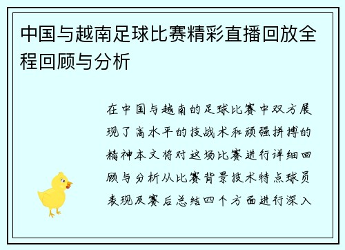 中国与越南足球比赛精彩直播回放全程回顾与分析
